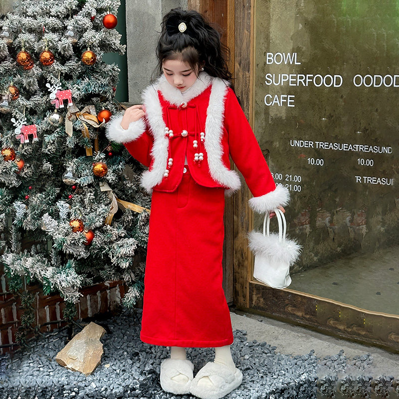 Girls China Wind Baie Year uniforms Autumn winter clothing 2023 new children New Year clothes big children New Year's clothes Grand Scout Breeze Skirt Suit-Taobao