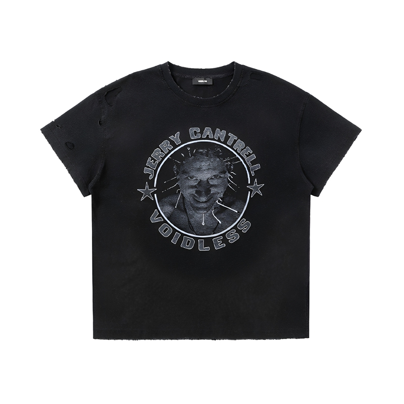 Voidless Loose Short-Sleeved Jerry Cantrell Voidless Vintage Washed Distressed Short-Sleeved Shirt
