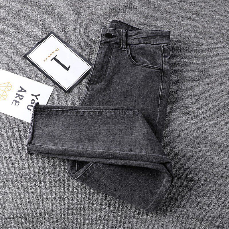 Small cigarette gray denim eight-point female 2021 new velvet high waist tight skinny nine-point pipe pants