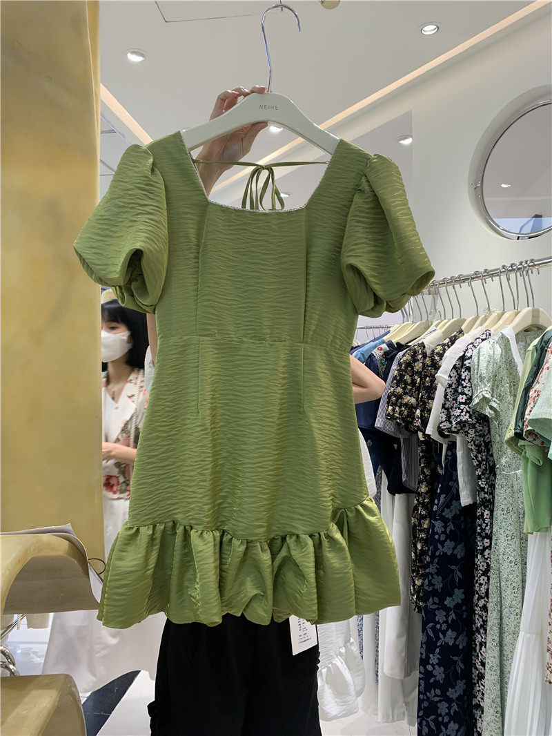 NEIHE Nehfah Style Square Collar Tea Break With Foam Sleeves Small Subsweet Lotus Leaf Side Short Sleeve Ocean Dress Women 21262