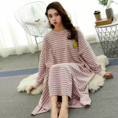 Night dress female autumn and winter long version student Korean version cute and sweet cartoon loose large size long-sleeved pajamas can be worn outside in spring and autumn