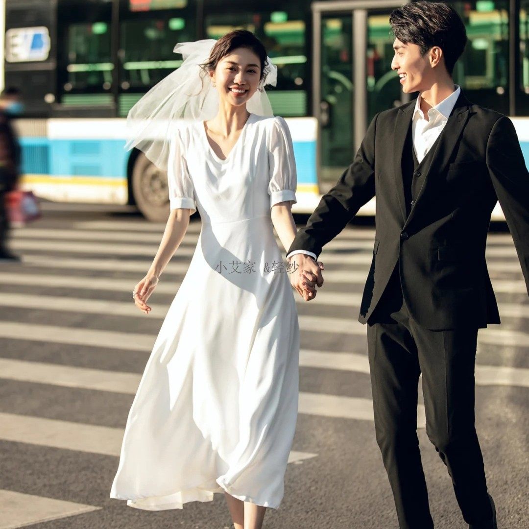 Satin Mori department light wedding dress French style minimalist brigade patting out white wedding collar to register everyday little subdresses 