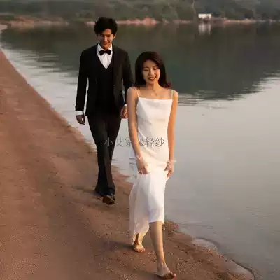 Korean light wedding satin suspender license registration small white skirt travel photo simple slim dress summer dress