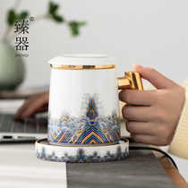 Zhenyou enamel tea cup tea water separation large capacity mug wooden handle with cover filter office home Tea Cup