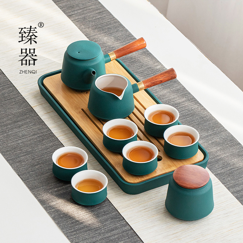 Zhenqi black pottery kung fu tea set home simple water storage type dry tea tray Japanese style side handle pot gift box
