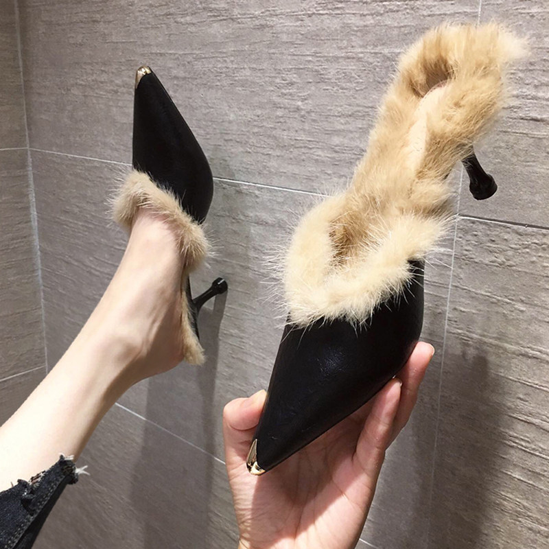 Hairy slippers women winter outside wearing 2021 new fashion bag head one foot pedal half drag high heels stiletto pointed head burst