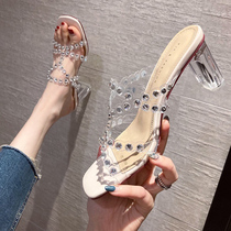 Summer 2021 new transparent crystal block heel one-word slippers womens out-of-the-eye square head rhinestone high-heeled sandals tide