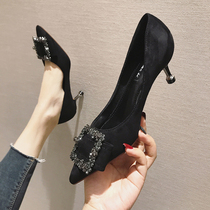Spring and autumn 2021 new net red French girl rhinestone high heels womens stiletto heel pointed black temperament single shoe