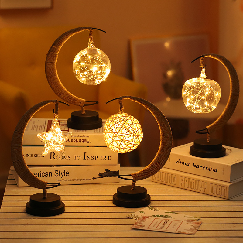 Led Star and Moon Lamp, Rattan Ball, Apple, Children's Birthday, Valentine's Day Gift, ins Handmade Hemp Rope Iron Art Night Light