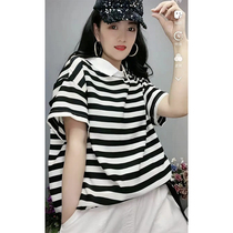 Douyin Chen Zhijun clothing summer leisure art retro POLO small lapel pullover striped T-shirt women 2059