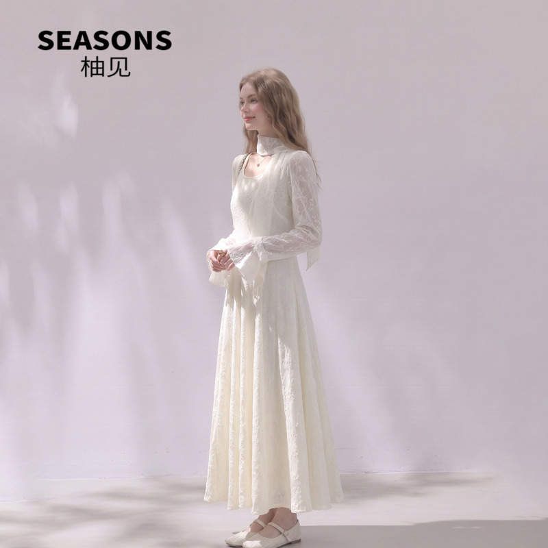 Seasons Youjian French-Style Gentle White Lace Dress for Women, Spring and Autumn Long-Sleeved V-Neck Slimming Long Dress Seasons Youjian French-Style Gentle White Lace Dress for Women, Spring and Autumn Long-Sleeved V-Neck Slimming Long Dress