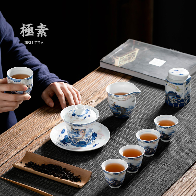 Pole element | arowana ceramic tureen blue and white porcelain cups three only three of the bowl bowl large cup of kung fu tea set