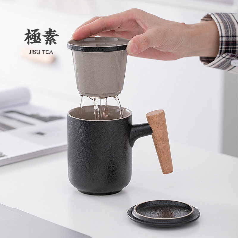 Tough pottery wooden handle mug tea separation tea cup ceramic with cover water cup office filter Cup logo customization