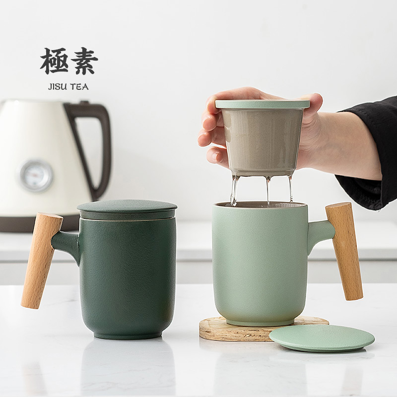 Tea separation tea cup ceramic frosted home office wooden handle mug with lid filter personal customization