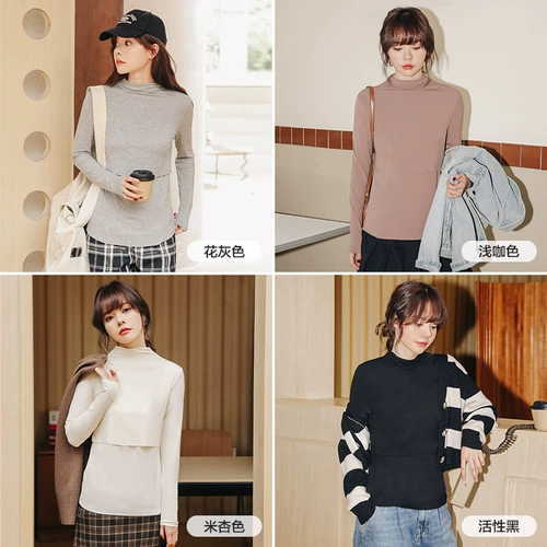 Демисезонный осенний трикотажный свитер для кормящих грудью для выхода на улицу, послеродовая утепленный лонгслив, приятная телу футболка, пуховик