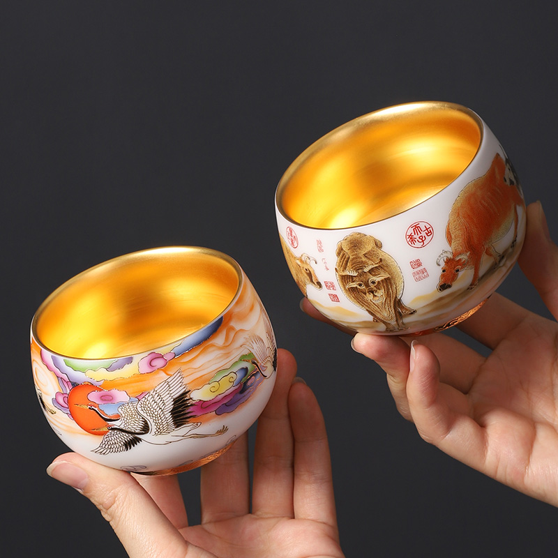 Dehua white porcelain suet jade master CPU high - grade gold cup single CPU personal special cups male lady jinzhan cup