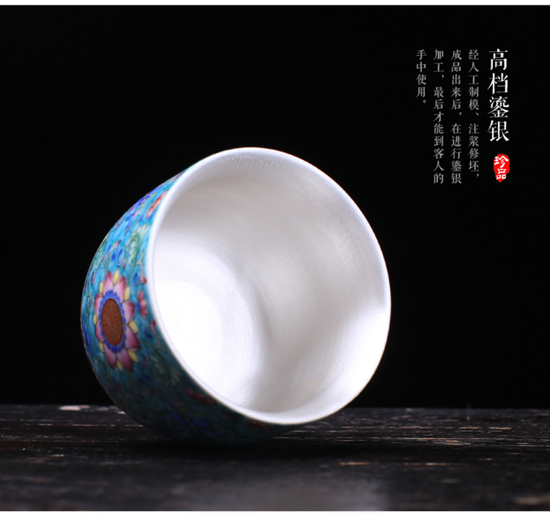 Jingdezhen colored enamel silver cup silver 999 authentic manual coppering. As kung fu tea cup silver cup single CPU master