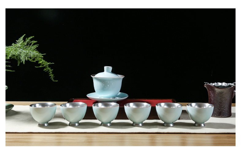 Celadon porcelain silver cup silver household kung fu tea set enamel - lined manual coppering. As silver sample tea cup of tea cups