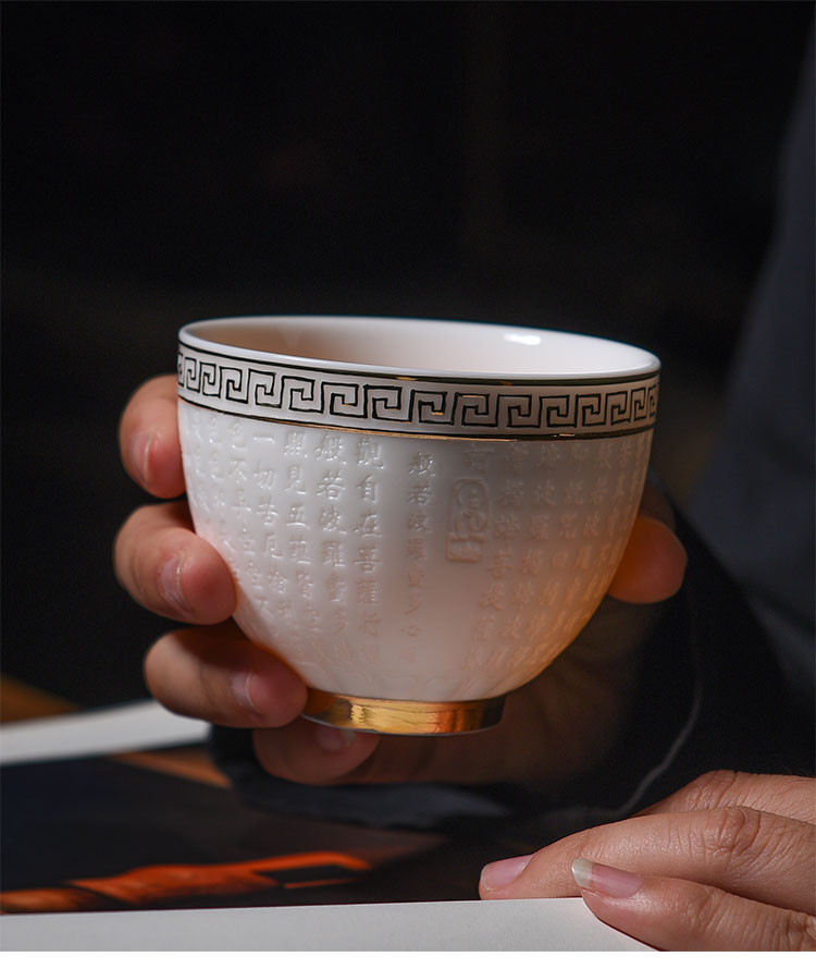 Dehua white porcelain heart sutra of master cup checking ceramic jade porcelain teacup paint sample tea cup tea cup, meditation cup