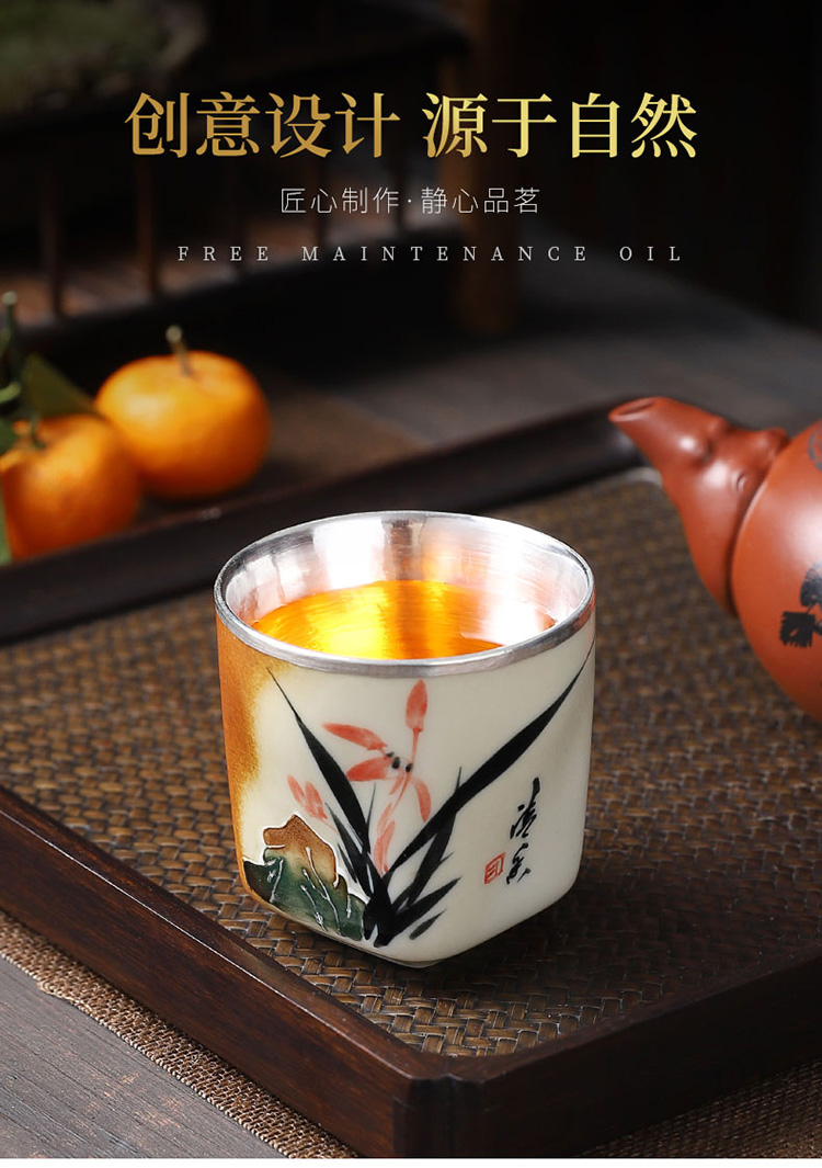 Jingdezhen hand - made teacup firewood master cup single CPU getting silvering cup 999 sterling silver tank cup sample tea cup