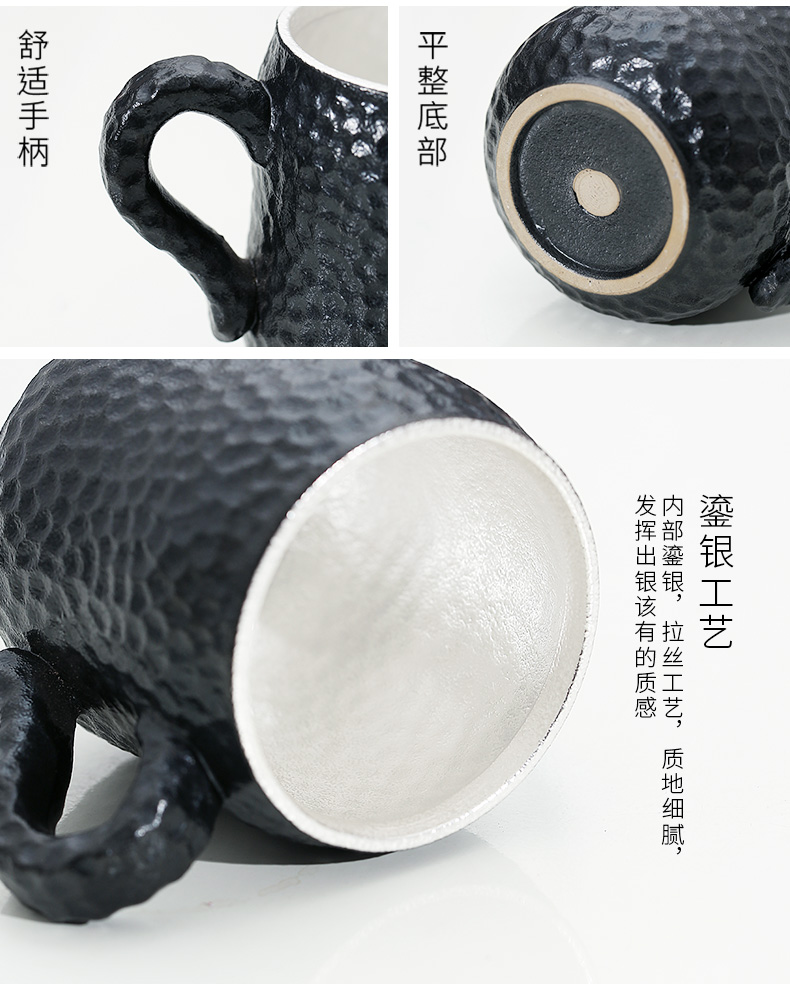 Creative glass ceramic separation silver cup 999 sterling silver tea cup office cup with cover individual cup contracted