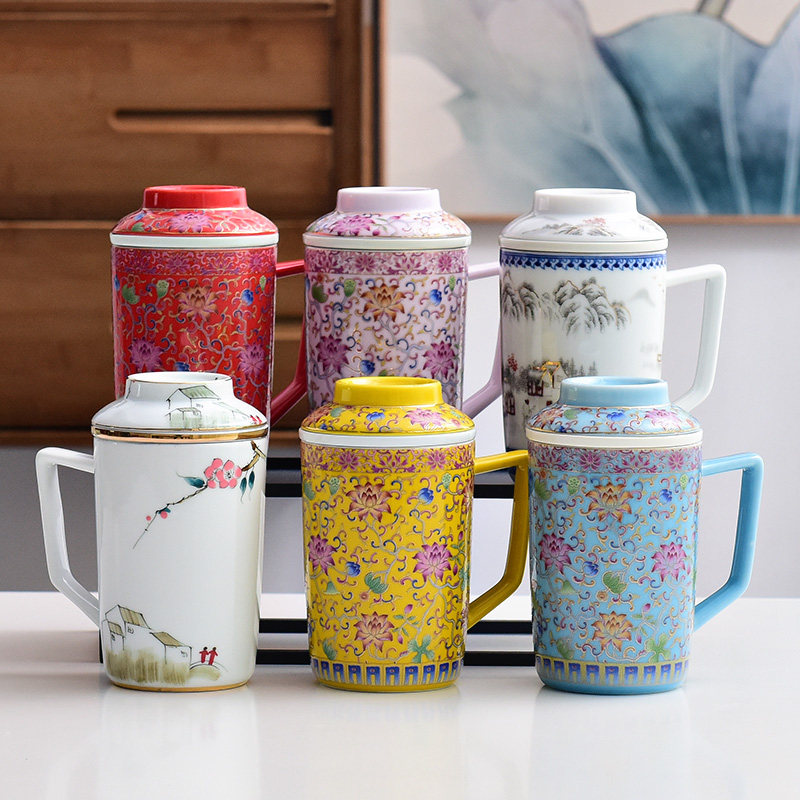 Jingdezhen colored enamel glass tea cup home office with cover filter personal special tea cup silver cup