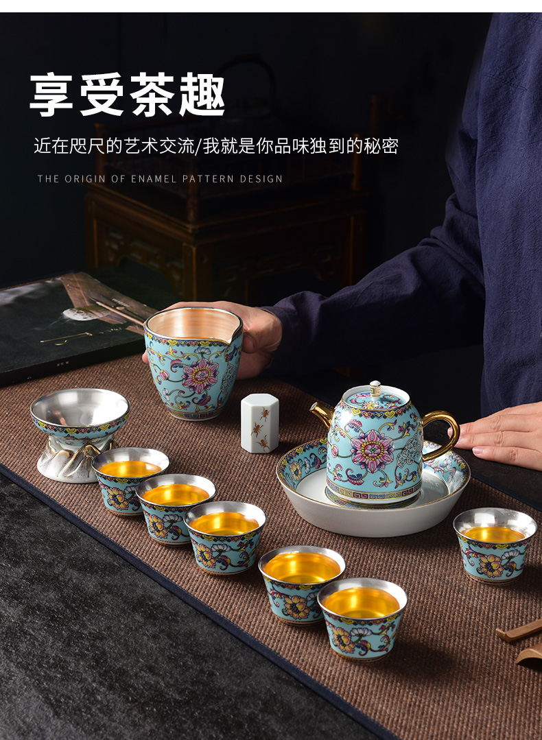 Jingdezhen colored enamel silver tea set with high - end office receives a visitor coppering. As kung fu tea set 999 sterling silver set