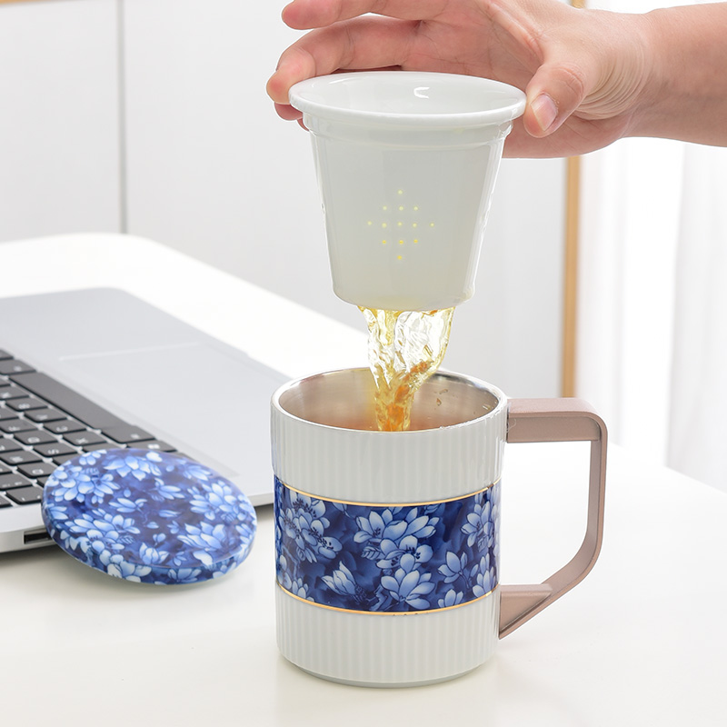 Jingdezhen blue and white porcelain cup lid with handle ceramic glass office female male silver cup 999 sterling silver tank