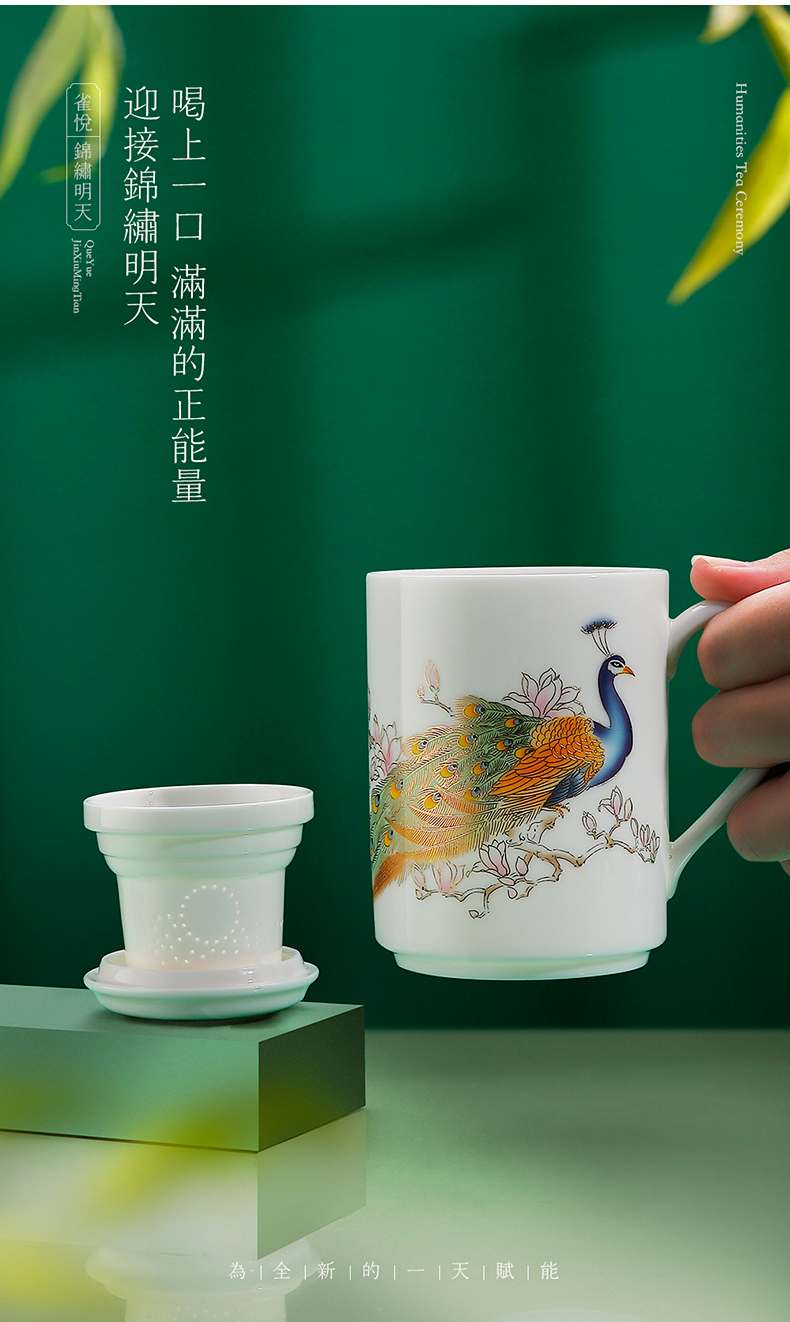 Chinese wind glass ceramic colored enamel peacock filter glass tea cup home office personal special gift box