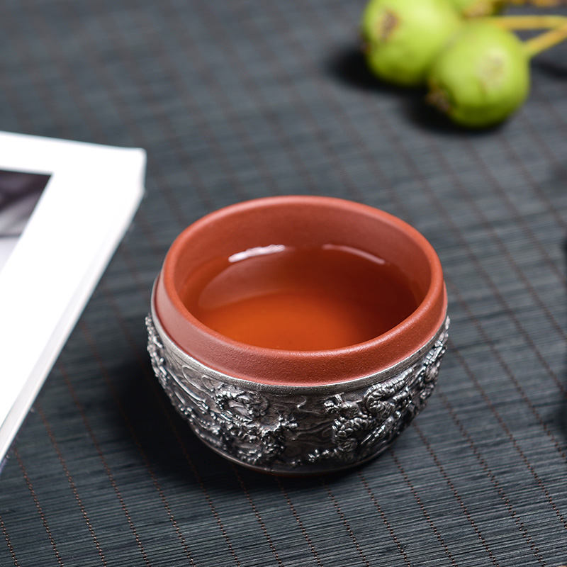 Creative yixing purple sand cup cup master cup silver cup 99 pure silver, manual kung fu tea set single cup sample tea cup