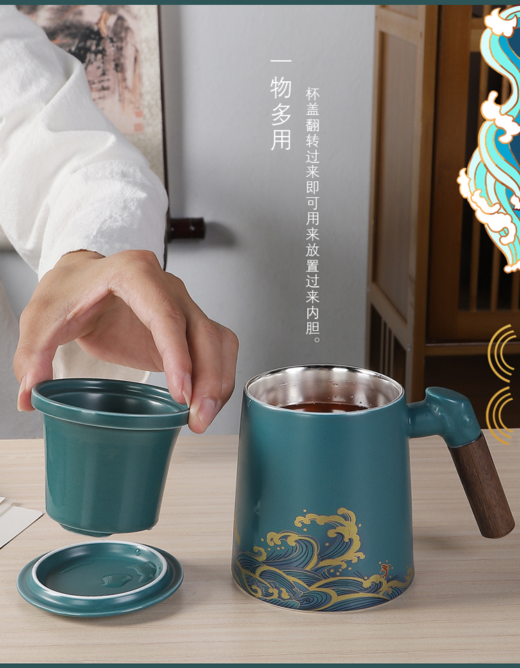 Ceramic keller with cover handle silver cup 999 sterling silver cup portable office make tea cup tea separation