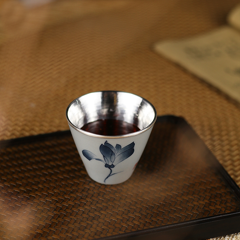 Blue and white porcelain ceramic silvering teacup kung fu masters cup tea set personal special glass cups single sample tea cup