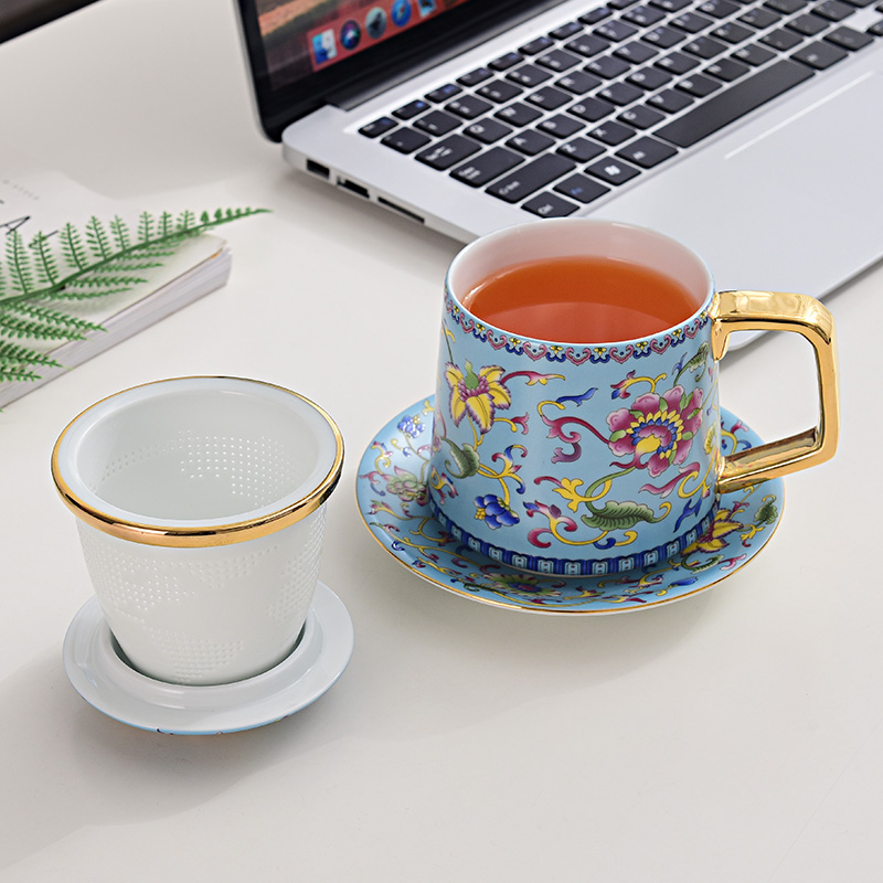 Jingdezhen colored enamel porcelain cups with cover glass tea cup male ms office filtering cup tea separation