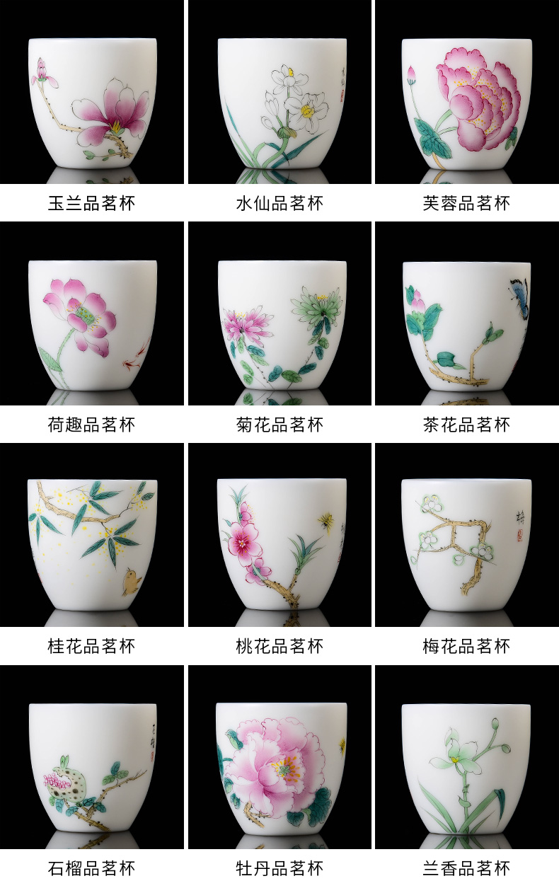 Dehua white porcelain hand - made twelve flora of suet jade tea master cup single CPU kung fu sample tea cup single men and women