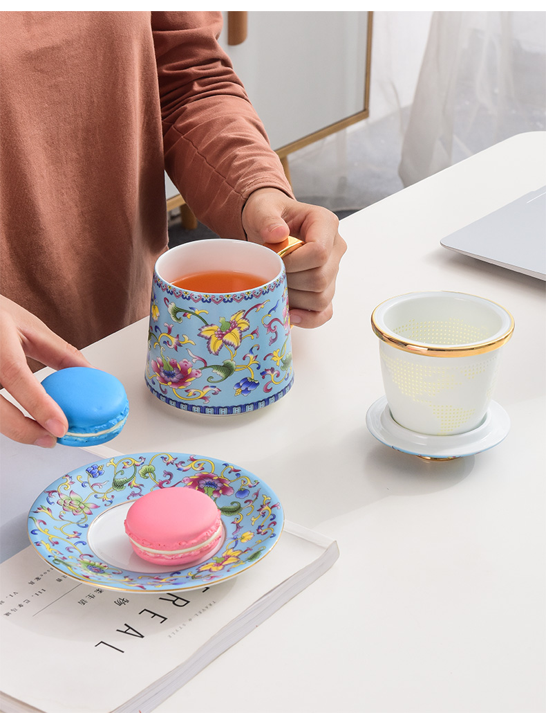 Jingdezhen colored enamel porcelain cups with cover glass tea cup male ms office filtering cup tea separation