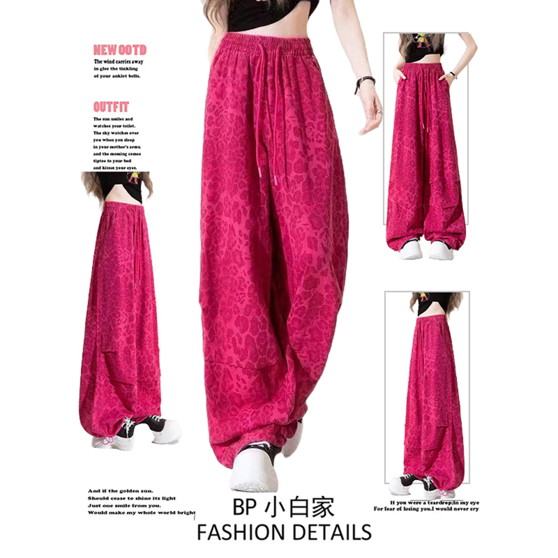 Plus-Size Rose Red Leopard Print Casual Wide-Leg Jeans for Women, New Autumn Style, Elastic Waist Drawstring Floor-Length Curved Pants Plus-Size Rose Red Leopard Print Casual Wide-Leg Jeans for Women, New Autumn Style, Elastic Waist Drawstring Floor-Length Curved Pants
