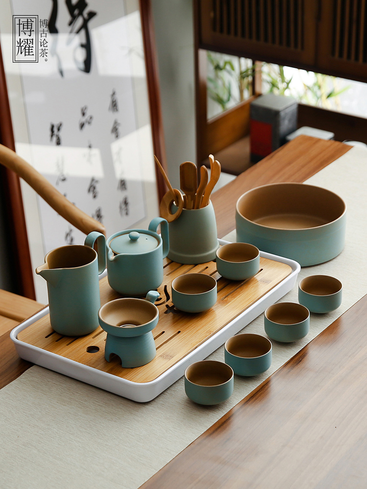 Boyao Japanese coarse pottery Kung Fu tea set Office and household simple ceramic teapot Teacup Light luxury gift box set