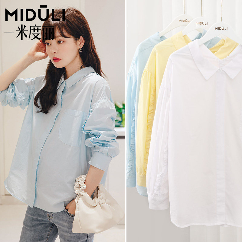 Midori pregnant woman dress spring and autumn thin pregnant woman shirt white shirt loose blouse toilet woman long sleeve dress