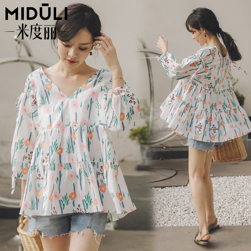 Midori Maternity Dress Summer Tops Maternity Bottom Shirt Spring Summer Thin Section Loose Maternity T-shirt Floral Doll Shirt