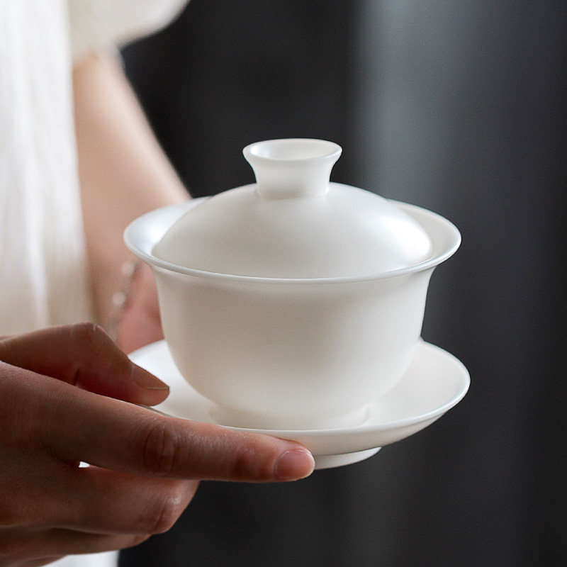White Porcelain Covered Bowl Large Tea Bowl Sancai Bowl Kung Fu Tea Set Respect Tea Bowl Tea Bowl Mutton Jade Tea Ceremony