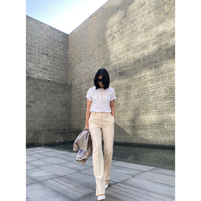 AmandaX women power simple and chic mid-rise straight leg slim wide-leg trousers