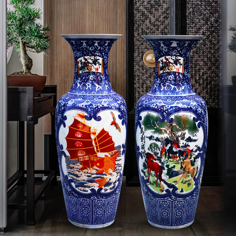 Jingdezhen ceramic floor-to-ceiling large vase Chinese TV cabinet living room landscape painting decorative porcelain ornaments large extra large
