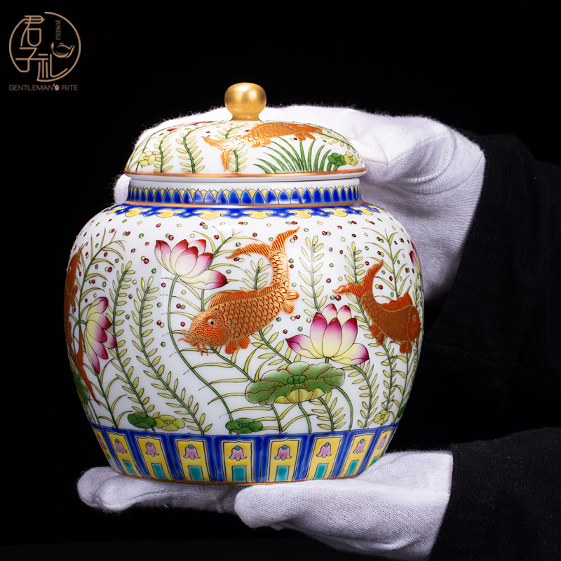 Jingdezhen ceramics archaize Ming jiajing paint colorful fish and algae grain tea pot sitting room adornment collection furnishing articles