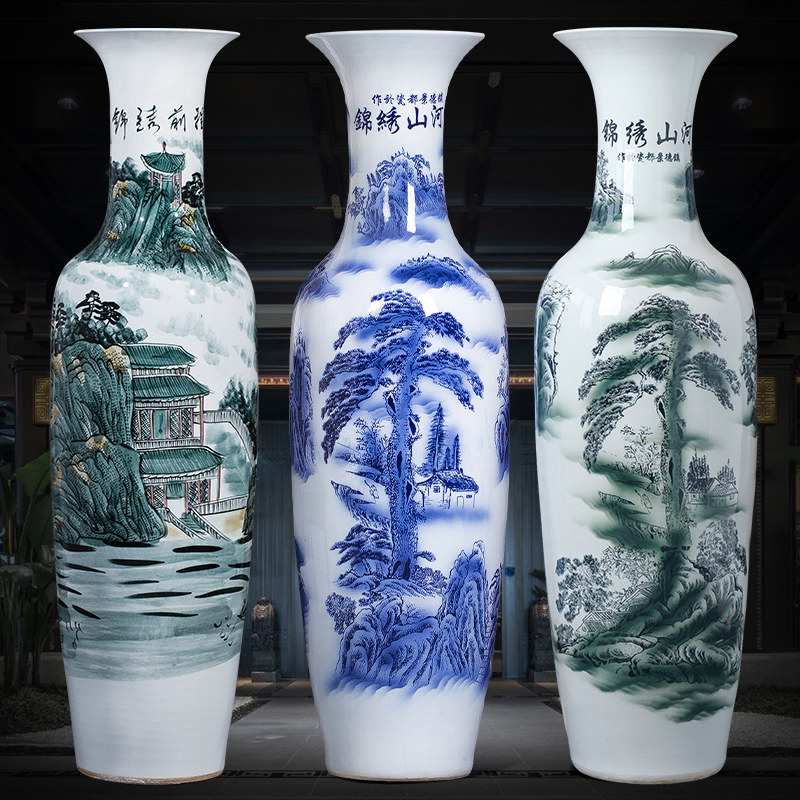 Jingdezhen ceramic blue and white porcelain living room floor-to-ceiling large vase housewarming opening home decorations Chinese ornaments large