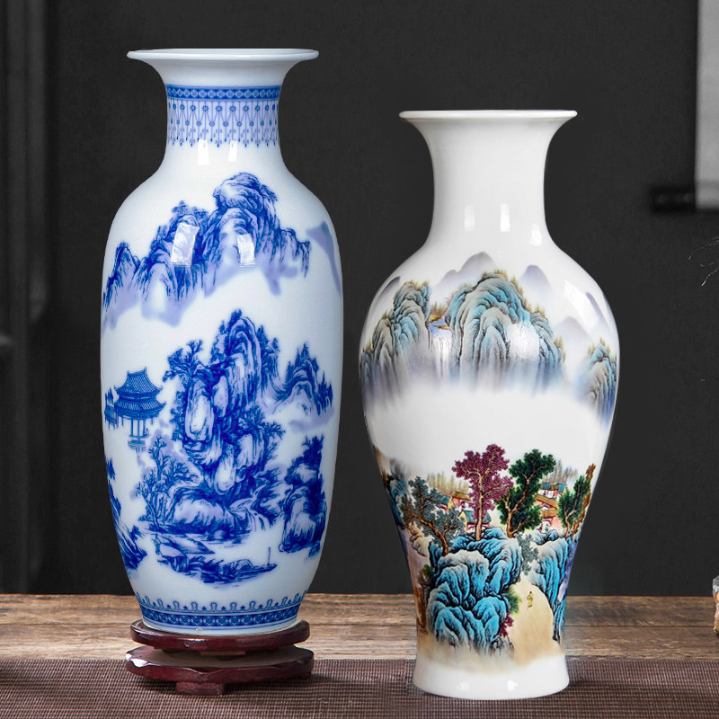 Jingdezhen Ceramics Blue and White Porcelain Lucky Bamboo Vase New Chinese Home Living Room Flower Arrangement Dry Flower Decoration Ornament