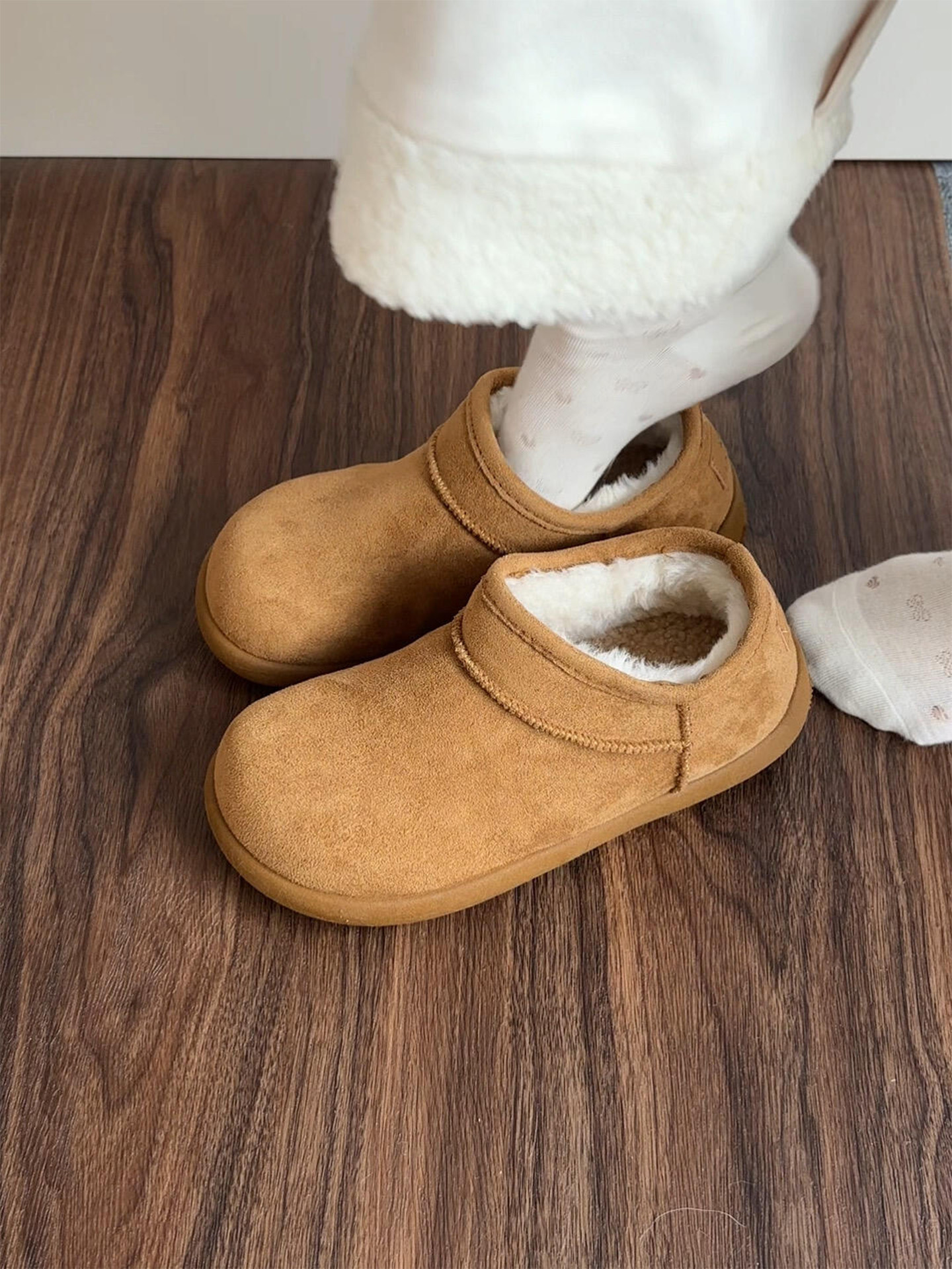 Camel-Colored Thick-Soled Snow Boots for Women, Small Potato Style, Fleece-Lined, Warm, Furry Birkenstock-Style Shoes, Winter Slip-On Cotton Short Boots