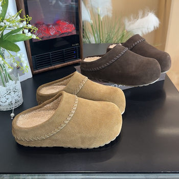 Thick-Soled Height-Increasing Birkenstock-Style Closed-Toe Slip-On Slippers for Women, New 2025 Autumn and Winter Fleece-Lined Slip-On Cotton Slippers