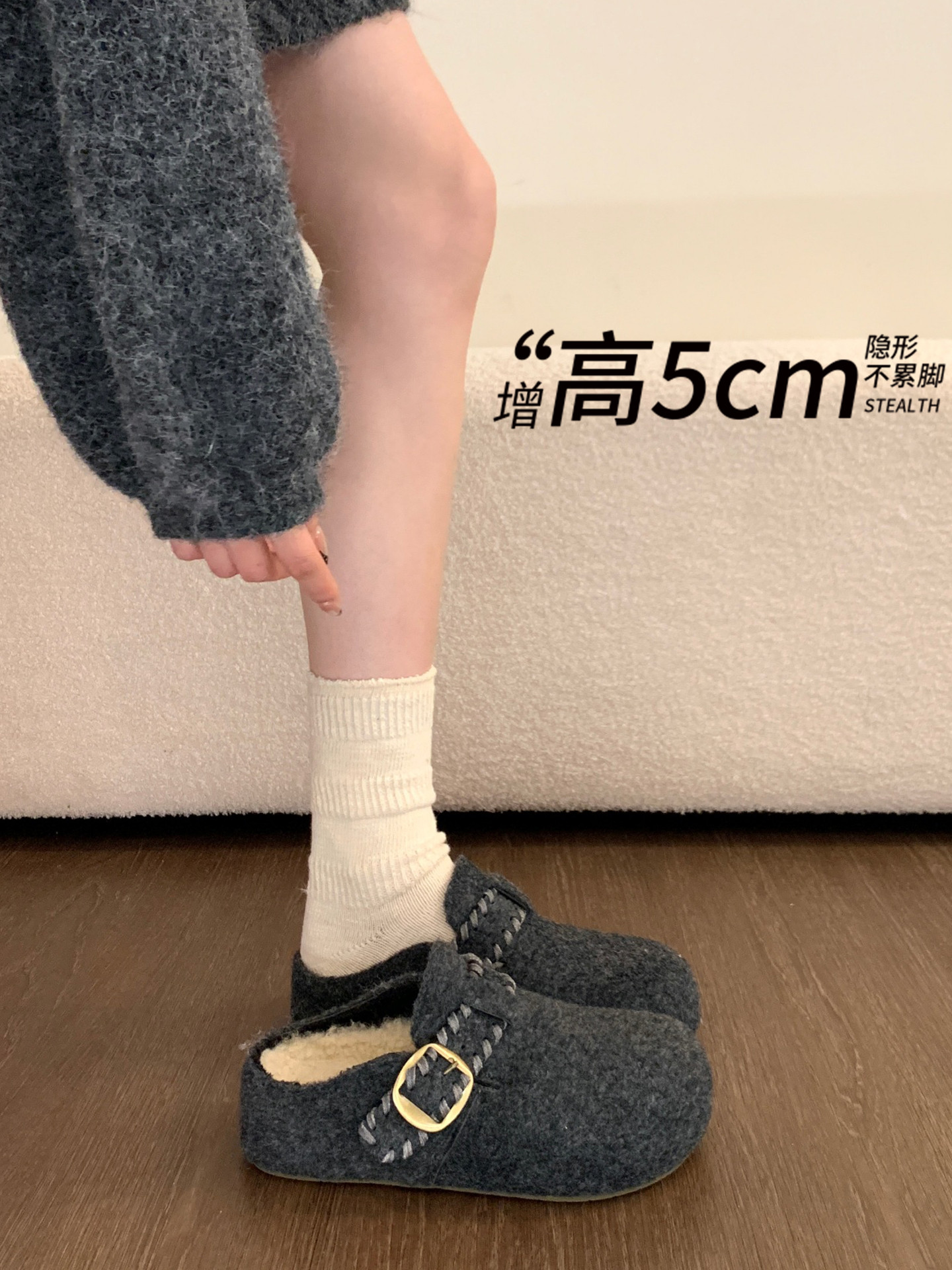 Gray Felt Birkenstock Shoes with Plush Lining, Closed-Toe Half-Slippers for Women, Suitable for Outdoor Wear, 2025 New Autumn and Winter Birkenstock Plush Cotton Slippers