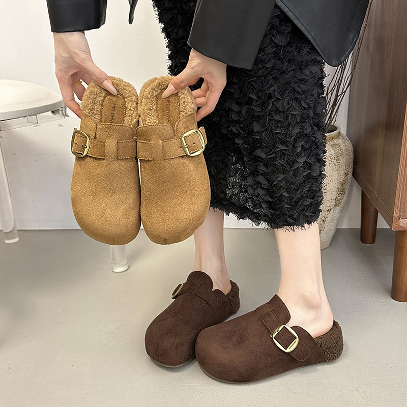 Thick-Soled, Fleece-Lined Birkenstock-Style Slip-On Mules for Women, Suitable for Outdoor Wear, New Autumn/Winter 2025 Cotton Slippers