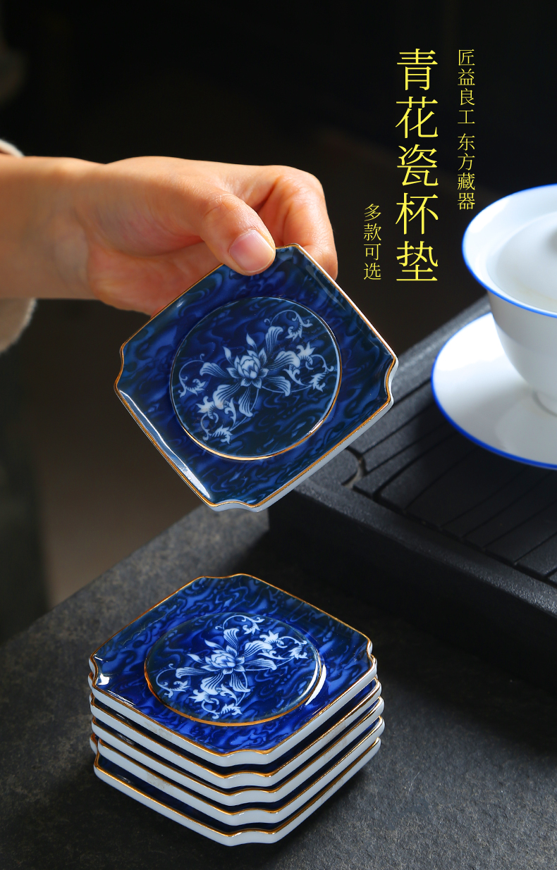 Blue and white porcelain tea cups a shadow Blue cup mat heat - resistant ceramic cup mat kung fu tea tea tea zero household